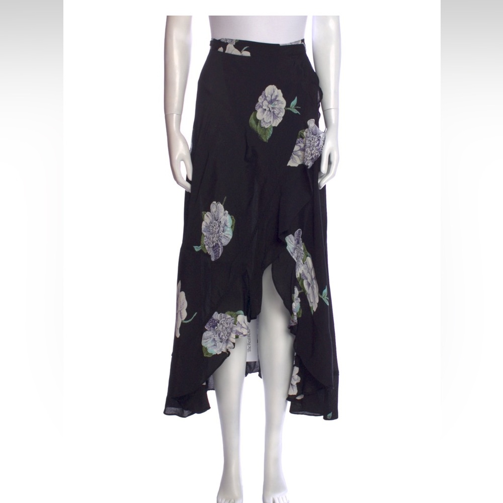 Black floral Reformation wrap tie midi skirt